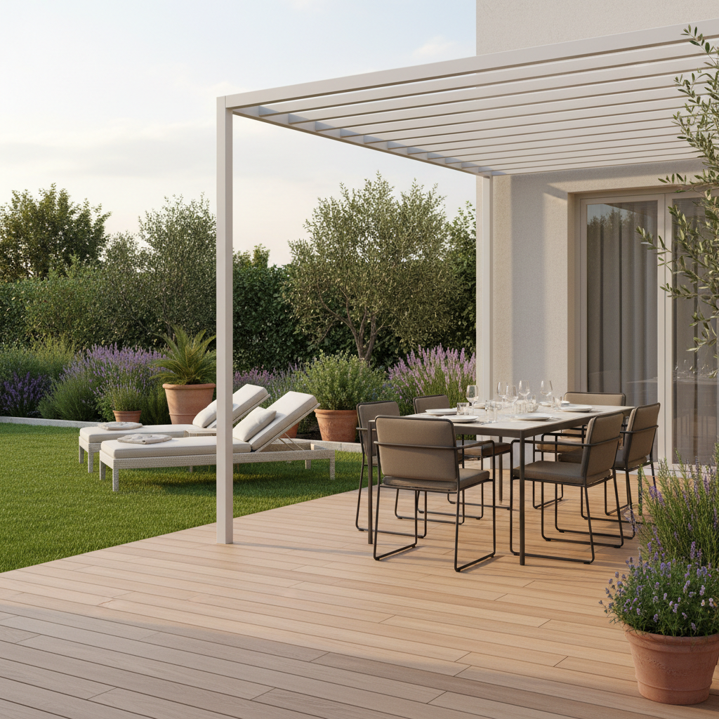 A refined view of Villa Sole’s outdoor living area, focusing on the transition from the parquet terrace to the shaded patio and lush garden. A minimalist dining table with slim metal legs and a smooth, light surface is set beneath a simple pergola, surrounded by comfortable, low-profile chairs in muted taupe fabric. Nearby, a pair of elegant sun loungers face a well-kept lawn bordered by Mediterranean plants in terracotta pots. Late afternoon sunlight filters through the pergola, creating a pattern of soft shadows and gentle light gradients on the wood decking. Captured from a three-quarter angle with moderate depth of field, the composition leads the eye from terrace to garden, evoking a sense of relaxed outdoor living. The image is clean, modern, and photorealistic, emphasizing quiet sophistication and leisurely holiday comfort.