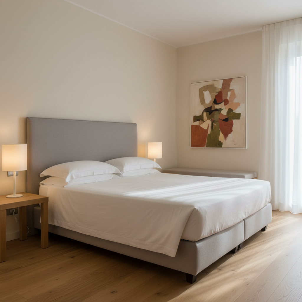 A serene depiction of one of Villa Sole’s double bedrooms, featuring a meticulously made queen-size bed with crisp white linens, a soft dove-grey upholstered headboard, and two minimalist wooden bedside tables with simple lamps. The walls are painted in a warm, muted off-white, accented by a single piece of abstract art in soft earth tones. A large window with sheer curtains admits gentle morning light, creating delicate highlights on the bedding and subtle shadows along the parquet floor. The composition follows the rule of thirds, with the bed slightly off-center and a shallow depth of field that keeps the room intimate yet spacious. The atmosphere is peaceful and refined, conveying comfort and privacy in a clean, modern, photographic style suited to a sophisticated holiday villa.