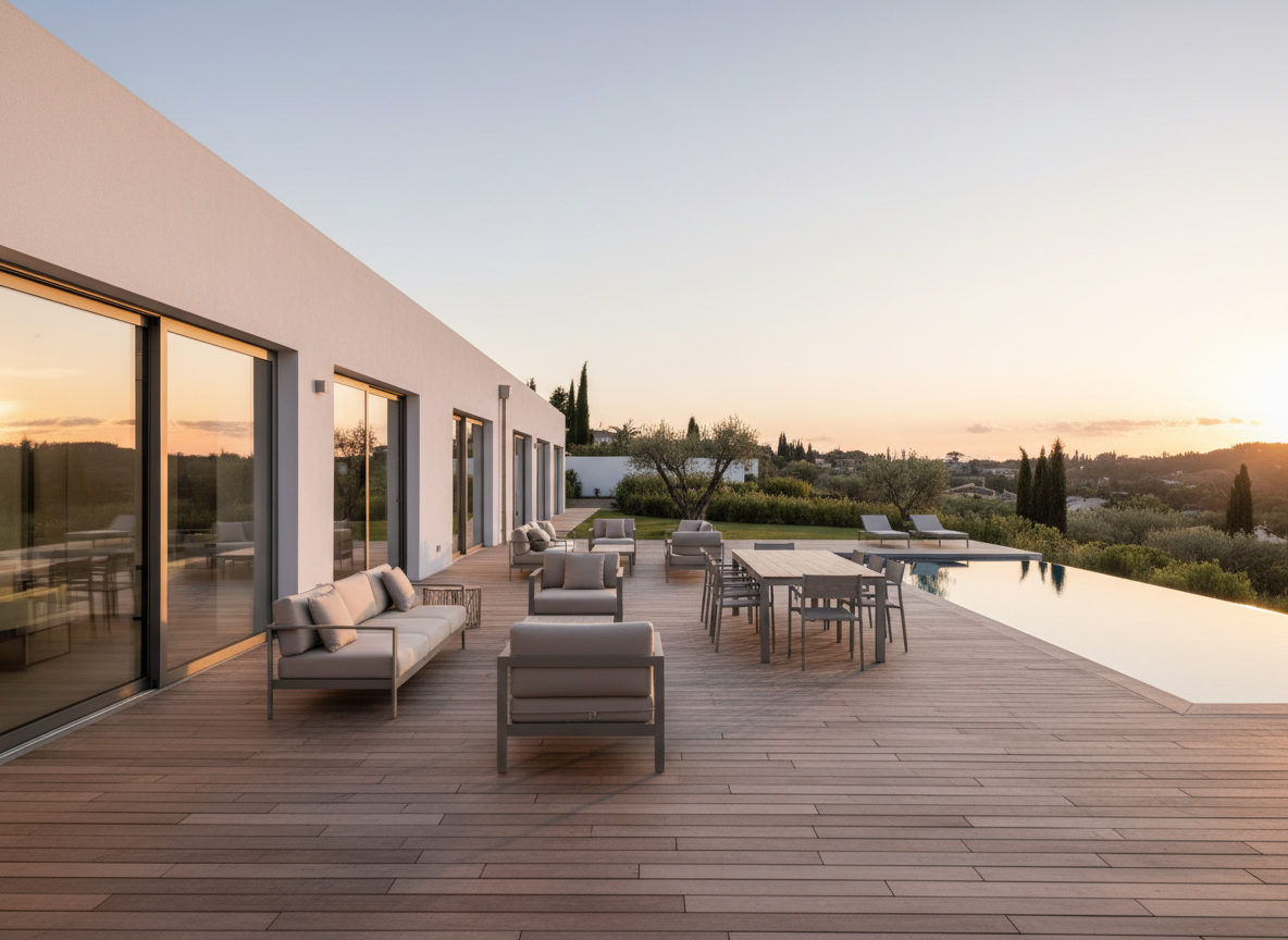 A sophisticated panoramic view of Villa Sole’s exterior, focusing on a contemporary Mediterranean villa with clean white walls, large sliding glass doors, and a spacious parquet terrace flowing into a manicured garden. The terrace is furnished with minimalist outdoor seating and a refined dining table, all in muted beiges and soft greys. Early evening natural light bathes the scene in a gentle golden glow, creating subtle gradients on the walls and delicate, elongated shadows across the wooden decking. Captured from a slightly elevated angle with sharp focus and a balanced composition, the image emphasizes calm, privacy, and understated luxury. The photographic style is realistic and elegant, with a muted color palette and uncluttered surroundings that communicate a serene holiday escape without any human presence.