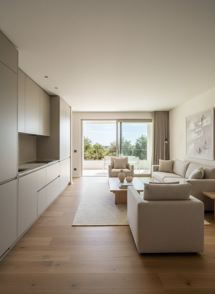 An inviting interior shot of Villa Sole’s main living area, showcasing a refined open-plan space with a light-toned parquet floor, a sleek built-in kitchenette with matte cabinetry, and a comfortable neutral-colored sofa and armchair that convert into beds. A subtle textured rug anchors the seating area, while large glass doors open onto the terrace, letting in diffused natural daylight. The muted palette of soft taupe, warm white, and pale sand creates a tranquil holiday atmosphere. The scene is photographed at eye level with a wide-angle lens, keeping sharp detail throughout, and soft shadows that add depth without harsh contrast. The overall mood is calm, sophisticated, and welcoming, highlighting ample space and comfort for up to six guests in a minimalist, photographic-realism style.